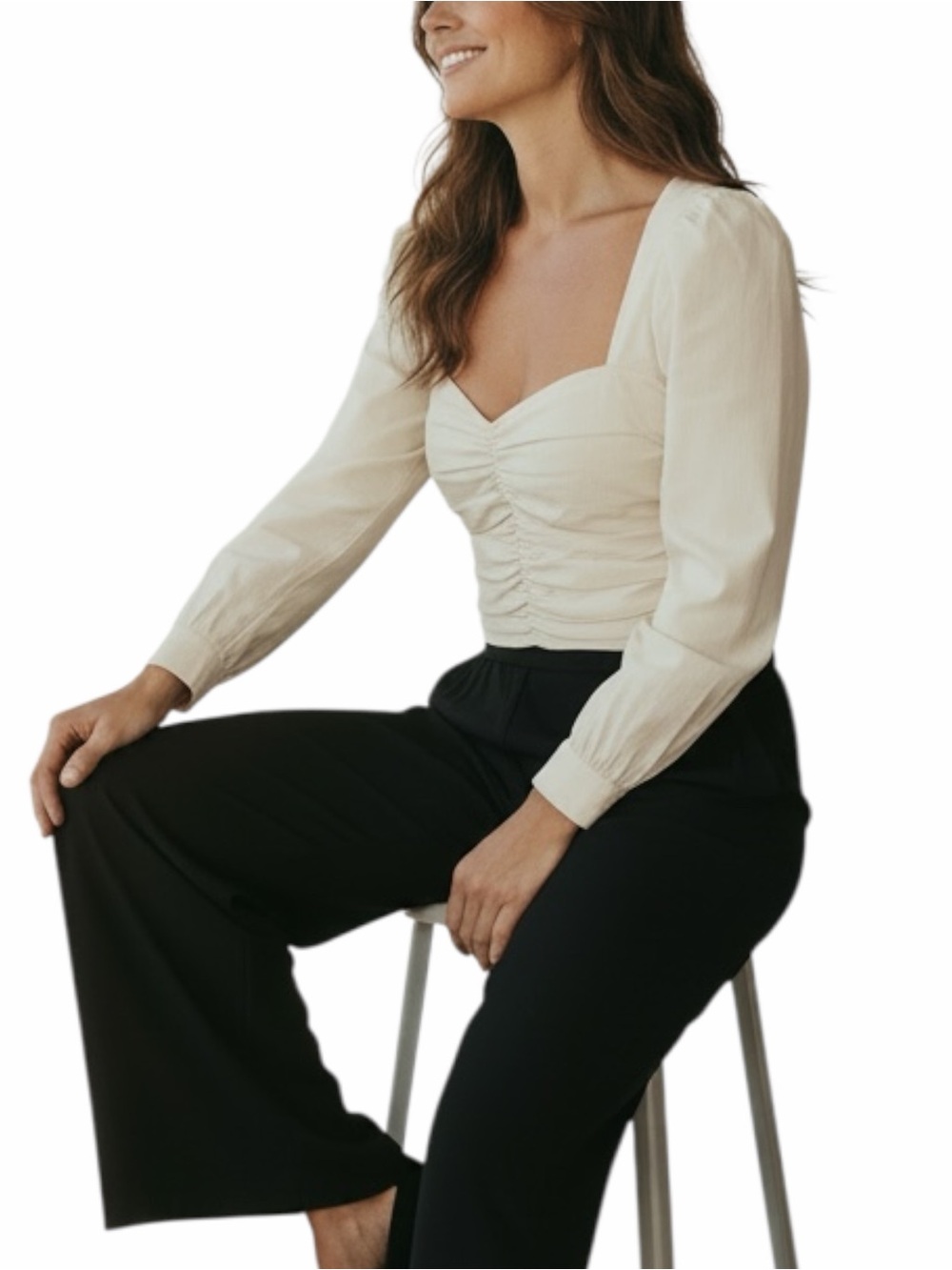 Aritzia Sunday Best Petal Ruched Puff-Sleeve Blouse Cream Taffeta Sz 2 - Picture 13 of 14